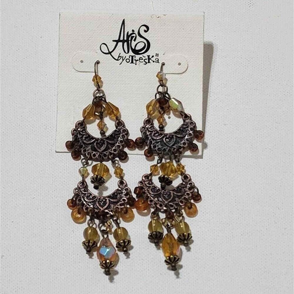 Aris by Treska Amber Beaded Chandelier Earrings Copper Tone Filigree Boho Drop
